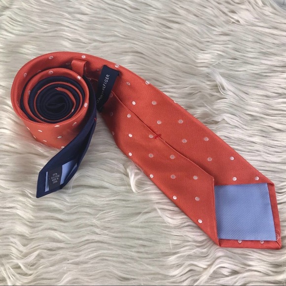 Tommy Hilfiger orange polka dotted 100% silk tie - Picture 3 of 6